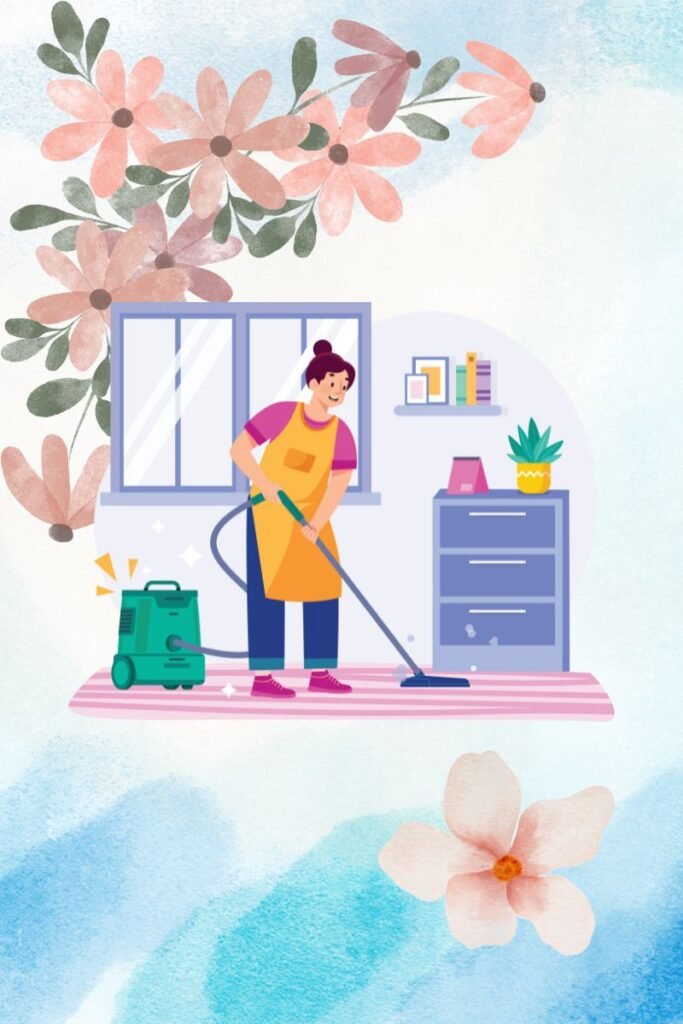 Empregada doméstica sorrindo enquanto limpa uma cozinha